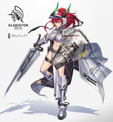 Rule 34 | 1girl, breasts, cape, crop top, full body, gauntlets, hair ribbon, holding, holding shield, holding sword, holding weapon, horns, large breasts, long hair, looking at viewer, mecha musume, mechanical legs, midriff, navel, original, pelvic curtain, ponytail, red hair, ribbon, shadow, shield, shoes, simple background, sleeveless, smile, solo, standing, standing on one leg, stomach, sword, takamine nadare, thigh strap, thighs, v-shaped eyebrows, visor cap, weapon, white background, yellow eyes