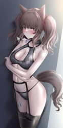 Rule 34 | 1girl, absurdres, angelina (arknights), animal ears, arknights, bare arms, bare shoulders, black bra, black legwear, black panties, blush, bra, breasts, breath, brown eyes, brown hair, cleavage, collarbone, commentary, crossed arms, fox ears, garter straps, hair ribbon, highres, lace, lace-trimmed panties, lace trim, lingerie, long bangs, long hair, looking at viewer, material growth, oripathy lesion (arknights), panties, parted lips, poni (poni arknights), red ribbon, ribbon, shadow, shiny skin, solo, standing, tail, two side up, underwear