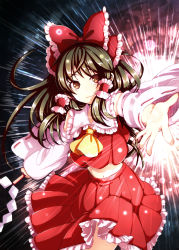 Rule 34 | 1girl, ascot, bow, brown eyes, brown hair, detached sleeves, furim, gohei, hair bow, hair tubes, hakurei reimu, highres, lens flare, light, light smile, light trail, long hair, looking at viewer, midriff, navel, open hand, outstretched arm, reaching, reaching towards viewer, skirt, skirt set, solo, touhou