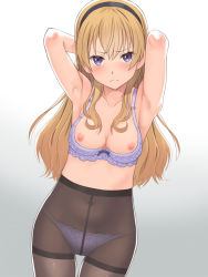 Rule 34 | 1girl, armpits, arms behind head, black hairband, black pantyhose, blonde hair, blush, bra, bra pull, breasts, closed mouth, clothes pull, collarbone, commentary request, gradient background, grey background, hairband, long hair, looking at viewer, medium breasts, meow (nekodenki), nipples, original, panties, panties under pantyhose, pantyhose, purple bra, purple eyes, purple panties, solo, underwear