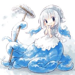 Rule 34 | 1girl, apron, blue eyes, female focus, full body, grey headwear, hand on own face, head scarf, holding, holding mop, looking at viewer, lowres, maid, maid apron, monster girl, mop, original, puffy short sleeves, puffy sleeves, rakuni, scylla, short sleeves, smile, solo, tentacle hair, tentacles, white hair