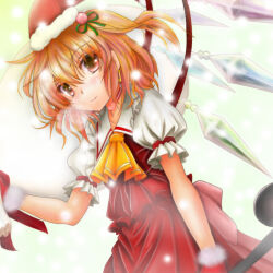 Rule 34 | 1girl, 774r, alternate headwear, ascot, back bow, blonde hair, bow, closed mouth, collared shirt, cowboy shot, crystal, dutch angle, flandre scarlet, hair between eyes, hat, light smile, medium hair, multicolored wings, one side up, pink bow, puffy short sleeves, puffy sleeves, red skirt, red vest, santa hat, shirt, short sleeves, skirt, solo, touhou, vest, white shirt, wings, yellow ascot