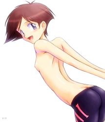 Rule 34 | 1girl, ass, back, bike shorts, blush, bonnie (rsg), breasts, brown hair, butt crack, hanaoka isami, looking back, nipples, open mouth, purple eyes, short hair, simple background, small breasts, smile, solo, source request, tobe! isami, topless, white background