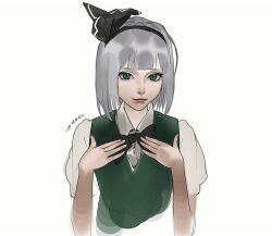 Rule 34 | 1girl, black bow, black bowtie, blunt bangs, bob cut, bow, bowtie, cropped torso, green eyes, green vest, grey hair, hair ribbon, hairband, hands up, konpaku youmu, light smile, looking at viewer, medium hair, nostrils, realistic, ribbon, sidongziban, simple background, solo, touhou, upper body, vest, white background, wing collar