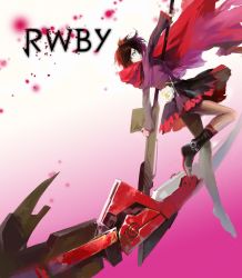 Rule 34 | 1girl, boots, cape, celsius, celsius (uzumaki215), copyright name, cross, flower, highres, pantyhose, petals, red hair, ruby rose, rwby, scythe, short hair, grey eyes, solo, weapon