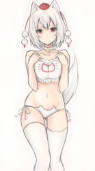 Rule 34 | 1girl, :|, alternate costume, animal ears, bad id, bad pixiv id, bell, blush, breasts, cat cutout, cat ear panties, cat lingerie, choker, cleavage, cleavage cutout, closed mouth, clothing cutout, gluteal fold, groin, hat, highres, inubashiri momiji, jingle bell, koretsuki aduma, looking at viewer, meme attire, navel, neck bell, panties, pom pom (clothes), red eyes, short hair, side-tie panties, simple background, sketch, solo, stomach, tail, thigh gap, thighhighs, tokin hat, touhou, underwear, underwear only, white hair, white panties, white thighhighs, wolf ears, wolf tail