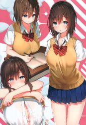 Rule 34 | 1girl, absurdres, arms behind back, blue eyes, blue skirt, blush, bow, bra, breasts, brown hair, buttons, closed mouth, desk, highres, holding, large breasts, lifted by self, looking at viewer, multiple views, open mouth, original, parted lips, pencil, pleated skirt, scan, school desk, shiny skin, shirt, short hair, short sleeves, simple background, skirt, sune (mugendai), sweater vest, underwear, white bra, white shirt