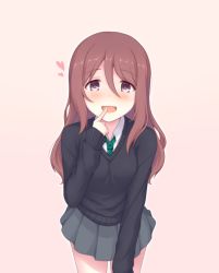 Rule 34 | 1girl, :d, black sweater, blush, brown eyes, brown hair, finger to mouth, green neckwear, grey skirt, hair between eyes, heart, hoshino shizuryuu, leaning forward, long hair, long sleeves, open mouth, pink background, princess connect!, school uniform, shizuru (princess connect!), shizuru (real) (princess connect!), simple background, skirt, smile, solo, standing, sweater, yyi