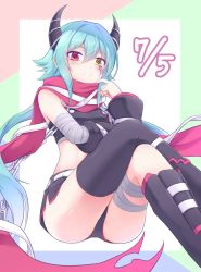 Rule 34 | 1girl, anna (princess connect!), asymmetrical legwear, bandaged arm, bandaged leg, bandages, black footwear, black shorts, black sleeves, black thighhighs, blue hair, boots, chain, closed mouth, crop top, crossed legs, detached sleeves, dolphin shorts, facial mark, floating hair, heterochromia, highres, horns, knee boots, long hair, long sleeves, low twintails, midriff, princess connect!, red eyes, red scarf, saisyuusensi, scarf, short shorts, shorts, single thighhigh, sitting, smile, solo, split mouth, stomach, thighhighs, twintails, very long hair, yellow eyes