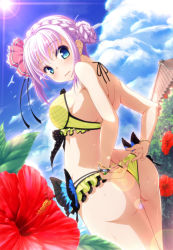 Rule 34 | 1girl, adjusting clothes, adjusting swimsuit, ass, bikini, blue eyes, blush, bracelet, braid, bug, butterfly, clothes pull, cloud, day, dutch angle, flower, hair bun, hair ribbon, hibiscus, highres, insect, jewelry, kochipu, lens flare, looking back, nail polish, one-piece swimsuit pull, original, pink hair, ribbon, short hair, sidelocks, single hair bun, sky, solo, swimsuit, wedgie