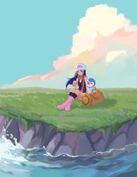 Rule 34 | 0sei6, 1girl, absurdres, bag, bare arms, beanie, black shirt, black socks, blue hair, boots, closed mouth, cloud, commentary request, creatures (company), dawn (pokemon), day, duffel bag, eyelashes, game freak, gen 4 pokemon, grass, hair ornament, hairclip, hat, highres, holding, kneehighs, long hair, nintendo, outdoors, pink footwear, pink skirt, piplup, pokemon, pokemon (creature), pokemon dppt, red scarf, scarf, shirt, sitting, skirt, sky, sleeveless, sleeveless shirt, smile, socks, unworn bag, water, white headwear, yellow bag
