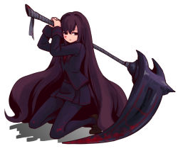 Rule 34 | 1girl, absurdly long hair, black jacket, black pantyhose, black skirt, breasts, brown eyes, brown footwear, brown hair, commentary request, empty eyes, female focus, full body, hair between eyes, hair intakes, heart hunter evil, holding, holding scythe, jacket, kneeling, long hair, long sleeves, looking at viewer, miniskirt, open mouth, pantyhose, ragnarok online, red shirt, scythe, shirt, shoes, simple background, skirt, small breasts, solo, very long hair, white background, yamane11