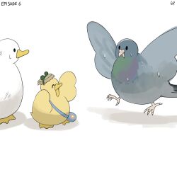 Rule 34 | ^ ^, bag, bird, bottle cap, closed eyes, diva (hyxpk), duck, duckling, frog headband, hat, highres, no humans, numbered, original, pigeon, simple background, white background
