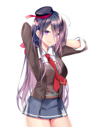 Rule 34 | 1girl, ariake (kancolle), black hat, brown shirt, closed mouth, collared shirt, cowboy shot, grey skirt, hand in own hair, hat, kantai collection, long hair, long sleeves, looking at viewer, miniskirt, necktie, purple eyes, purple hair, red necktie, rei (rei&#039;s room), shirt, simple background, skirt, smile, solo, white background