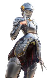 Rule 34 | 1girl, absurdres, anne (ousama ranking), armor, bad id, bad twitter id, belt, belt buckle, buckle, commentary, couter, cowboy shot, english commentary, helmet, highres, holding, holding knife, holding weapon, knife, knight, leg armor, ousama ranking, plate armor, shoulder armor, simple background, solo, wass nonnam, weapon, white background