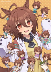 Rule 34 | 1girl, absurdres, agnes tachyon (lunatic lab) (umamusume), ahoge, bespectacled, black necktie, black shirt, blue-tinted eyewear, blush, blush stickers, breasts, brown hair, cellphone, chemical structure, closed mouth, collared shirt, commentary request, crossed legs, denim, ear ornament, earrings, ears down, glasses, green jacket, hair between eyes, highres, holding, holding phone, jack (jacknoeaka), jacket, japanese clothes, jeans, jewelry, kii-kun (agnes tachyon) (umamusume), kimono, lab coat, layered sleeves, long sleeves, looking at viewer, medium breasts, multiple views, necktie, obi, official alternate costume, open mouth, orange background, pants, phone, polka dot, polka dot background, purple sweater, red eyes, round eyewear, running, sash, shirt, short hair, single earring, sleeves past wrists, smartphone, smile, sweater, sweater vest, tied jacket, tinted eyewear, torn clothes, torn jeans, torn pants, unaligned breasts, very long sleeves, white footwear, yellow sweater vest
