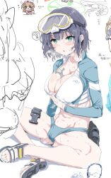 Rule 34 | 1girl, aqua eyes, blue archive, blush, breasts, clearite, cropped jacket, grey hair, halo, highres, indian style, large breasts, looking at viewer, moe (blue archive), moe (swimsuit) (blue archive), natori sana, navel, saki (blue archive), saki (swimsuit) (blue archive), sana channel, sandals, short hair, sidelocks, sitting, virtual youtuber, wet