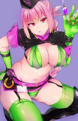 Rule 34 | 1girl, absurdres, bikini, boots, breasts, covered erect nipples, curvy, danimaru, elbow gloves, eyebrows hidden by hair, fate/grand order, fate (series), florence nightingale (fate), florence nightingale (trick or treatment) (fate), gloves, green gloves, hat, highres, large breasts, looking at viewer, official alternate costume, pink hair, plump, red eyes, solo, swimsuit