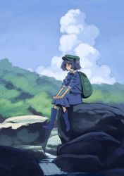 Rule 34 | 1girl, backpack, bag, blue eyes, blue footwear, blue hair, blue shirt, blue skirt, boots, clenched hands, cloud, cloudy sky, day, expressionless, forest, full body, green hat, hair bobbles, hair ornament, hands on own knees, hat, highres, kawashiro nitori, nature, outdoors, rock, rubber boots, shiratama (hockey), shirt, short hair, short sleeves, sitting, skirt, sky, solo, stream, touhou, tree, twintails, water