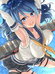 Rule 34 | 1girl, armpits, blue eyes, blue hair, blush, breasts, collarbone, double bun, elbow gloves, from above, gloves, hair between eyes, hair bun, hair ornament, hat, kantai collection, large breasts, long hair, looking at viewer, neckerchief, ocean, open mouth, pleated skirt, rigging, ripples, sailor hat, school uniform, serafuku, sidelocks, skirt, sleeves rolled up, smile, solo, urakaze (kancolle), water, white gloves, white hat, yellow neckerchief, youmou usagi
