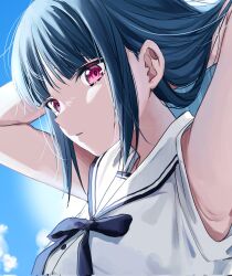 Rule 34 | 1girl, blue hair, chigusa minori, commentary request, corrupted twitter file, day, highres, long hair, looking at viewer, original, outdoors, parted lips, pink eyes, sailor collar, shirt, short sleeves, sidelocks, sky, solo, tying hair, upper body, white sailor collar, white shirt