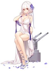 Rule 34 | 1girl, alternate costume, ankle ribbon, azur lane, blue gemstone, blush, breasts, cannon, character name, choker, cleavage, collarbone, crossed legs, dress, expressionless, expressions, flower, full body, gem, hair between eyes, hair flower, hair ornament, hairband, halter dress, halterneck, hand up, high heels, large breasts, leg ribbon, logo, looking at viewer, official art, petals, purple flower, purple ribbon, red eyes, ribbon, rigging, short hair, sidelocks, sirius (azur lane), sirius (white rose) (azur lane), sitting, solo, transparent background, turret, watermark, white dress