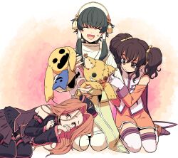 Rule 34 | 1boy, 2girls, 4lily, :d, ^ ^, absurdres, anise tatlin, arietta (tales), black hair, bow, brown eyes, closed eyes, closed mouth, commentary request, detached sleeves, doll, gloves, hair bow, hairband, highres, ion (tales), long hair, multiple girls, multiple hair bows, open mouth, pink eyes, pink hair, raised eyebrow, sitting, smile, sweat, tales of (series), tales of the abyss, tearing up, tokunaga (tales), twintails, white gloves, white hairband, yellow bow