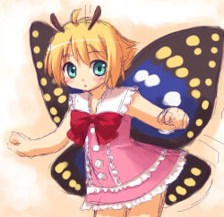 Rule 34 | 1boy, 1girl, antennae, aqua eyes, blonde hair, bug, butterfly, butterfly wings, clenched hands, crossdressing, dress, fairy, inou shin, insect, insect wings, pink dress, shimon (shimotsuma), shimotsuma, solo, trap, wings
