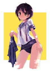 Rule 34 | 1girl, blue sailor collar, border, brown eyes, closed mouth, contrapposto, copyright request, cropped legs, hand on own hip, highres, holding, holding clothes, holding skirt, looking at viewer, nanabuluku, necktie, one-piece swimsuit, outside border, purple hair, sailor collar, school uniform, serafuku, shirt, short hair, short sleeves, skirt, unworn skirt, solo, standing, swimsuit, swimsuit under clothes, undone necktie, white border, white shirt, yellow background