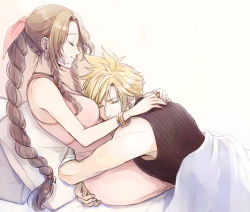 Rule 34 | 1boy, 1girl, aerith gainsborough, ancotsubu, bandages, bare arms, bed, bed sheet, blonde hair, blue shirt, bracelet, braid, brown hair, choker, closed eyes, cloud strife, couple, dress, final fantasy, final fantasy vii, final fantasy vii remake, hair ribbon, hetero, hug, jewelry, long hair, necklace, parted bangs, pillow, pink dress, pink ribbon, ribbon, shirt, sidelocks, sleeveless, sleeveless turtleneck, spiked hair, square enix, turtleneck, wavy hair