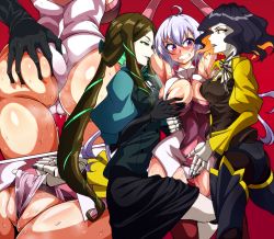 Rule 34 | 10s, 3girls, ahoge, arms up, ass, ass grab, black hair, black lips, blush, breasts, brown hair, cameltoe, cleavage, cleft of venus, clenched teeth, covered navel, deep skin, doll joints, dress, girl sandwich, gloves, grabbing another&#039;s ass, green hair, groping, hairband, highres, joints, large breasts, leiur darahim, leotard, leotard pull, lips, lipstick, long hair, long sleeves, looking at another, makeup, molestation, multicolored hair, multiple girls, nail polish, orange hair, pale skin, partially visible vulva, phara suyuf, purple eyes, purple hair, red background, ribbon, sandwiched, senki zesshou symphogear, shiny clothes, shiny skin, short hair, silver hair, simple background, skin tight, smile, sweat, teeth, thighhighs, twintails, uncensored, yellow eyes, yukine chris, yuri, zasshu nigou
