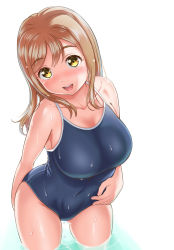 Rule 34 | 1girl, :d, arm behind back, bare arms, bare shoulders, blue one-piece swimsuit, blush, breasts, brown hair, collarbone, competition school swimsuit, contrapposto, covered navel, cowboy shot, curvy, fingernails, gluteal fold, gonta (gshoutai), groin, hair between eyes, hand on own stomach, highres, kunikida hanamaru, large breasts, long hair, looking at viewer, love live!, love live! sunshine!!, nail polish, narrow waist, one-piece swimsuit, open mouth, partially submerged, raised eyebrows, school swimsuit, skin tight, skindentation, smile, solo, spaghetti strap, swimsuit, tareme, taut clothes, taut swimsuit, teeth, thick thighs, thighs, wading, water, wet, wet clothes, wet hair, white background, wide hips, yellow eyes