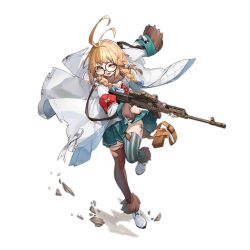 Rule 34 | 1girl, antenna hair, armband, artist request, asymmetrical legwear, black-framed eyewear, blonde hair, blue gemstone, boots, braid, brown thighhighs, debris, full body, fur-trimmed boots, fur-trimmed jacket, fur trim, gem, girls&#039; frontline, glasses, green skirt, green thighhighs, gun, holding, holding gun, holding weapon, jacket, jewelry, kalashnikov rifle, long sleeves, mismatched legwear, neckerchief, official art, open mouth, pleated skirt, pouch, red armband, red neckerchief, rifle, rock, round eyewear, saiga 308 (girls&#039; frontline), saiga semi-automatic rifle, scope, scorch mark, simple background, skirt, solo, standing, standing on one leg, striped clothes, striped thighhighs, thigh pouch, thighhighs, third-party source, torn clothes, torn jacket, torn thighhighs, transparent background, trigger discipline, twin braids, vertical-striped clothes, vertical-striped thighhighs, weapon, white footwear, white jacket, yellow eyes