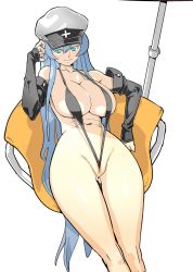 Rule 34 | 10s, 1girl, akame ga kill!, bad id, bad twitter id, beach chair, blue eyes, blue hair, breasts, cleavage, colored eyelashes, detached sleeves, esdeath, hat, highres, huge breasts, large breasts, long hair, matching hair/eyes, partially visible vulva, peaked cap, sitting, slingshot swimsuit, solo, swimsuit, thighs, uncensored, velzhe, very long hair, wedgie, wide hips