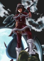 Rule 34 | 1girl, axe, bone hair ornament, boots, breasts, brown eyes, brown hair, dog girl, dress, full moon, fur-trimmed boots, fur-trimmed dress, fur-trimmed headwear, fur trim, gloves, hair ornament, hat, highres, holding, holding axe, holding sack, hololive, inugami korone, looking at viewer, medium breasts, moon, red dress, red gloves, red thighhighs, sack, santa dress, santa hat, smile, solo, takimoto nao, thighhighs, virtual youtuber, white footwear