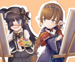 Rule 34 | 2girls, black hair, black hat, blue eyes, blush, bow, braid, brown hair, canvas (object), capelet, choker, circlet, cloak, collar, commentary request, dress, drooling, earrings, easel, eyepatch, female focus, female pervert, flower, frilled dress, frills, gothic lolita, granblue fantasy, harvin, harzerila, hat, hat bow, hoop earrings, jewelry, lolita fashion, long hair, looking to the side, lunalu (granblue fantasy), multiple girls, open mouth, paintbrush, painting (action), palette (object), pervert, pointy ears, purple flower, ribbon choker, saliva, simple background, single braid, standing, striped, striped bow, sweatdrop, tsuchifumazu