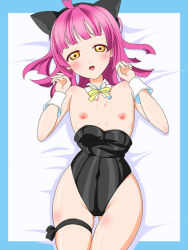 Rule 34 | 1girl, animal ears, artist name, artist request, bare legs, bare shoulders, black leotard, blunt bangs, blush, bow, bowtie, breasts, brown eyes, cat ears, cleavage, collarbone, embarrassed, female focus, floating hair, leg ribbon, leotard, looking at viewer, love live!, love live! nijigasaki high school idol club, parted lips, pink hair, playboy bunny, ribbon, short hair, small breasts, smile, solo, tennoji rina, white wrist cuffs, wing collar, wrist cuffs, yellow bow, yellow eyes