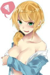 Rule 34 | 1girl, areola slip, blonde hair, blue jacket, blush, breasts, cleavage, collarbone, covering privates, covering breasts, ellen baker, green eyes, hair ornament, hair scrunchie, highres, jacket, long hair, looking at viewer, low ponytail, medium breasts, new horizon, no bra, off shoulder, onineko-chan, open clothes, parted lips, scrunchie, smile, solo, spoken squiggle, squiggle, upper body, white background