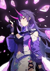 Rule 34 | 1girl, absurdres, breasts, cleavage, gloves, highres, honkai (series), honkai impact 3rd, horns, jacket, looking away, mush (mushlicious), nail polish, official alternate costume, parted lips, partially fingerless gloves, purple eyes, purple hair, purple jacket, purple scarf, raiden mei, raiden mei (herrscher of thunder), scarf, second-party source, solo, standing
