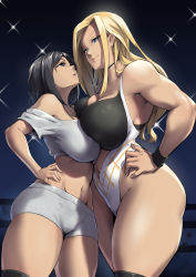 Rule 34 | ass, biceps, black bra, black choker, black eyes, black hair, black wristband, blonde hair, blue eyes, bra, breast contest, breast press, breasts, choker, cleavage, collarbone, cowboy shot, eyes visible through hair, from below, height difference, highres, huge ass, large breasts, leotard, long bangs, long hair, looking at another, looking down, looking up, medium hair, navel, open mouth, original, packge, short shorts, shorts, sparkle background, sweatband, symmetrical docking, tall female, teeth, underwear, upper teeth only, wristband