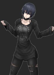 Rule 34 | bhm, black background, black hair, black pants, black shirt, blue eyes, breasts, clenched hands, collar, collarbone, cowboy shot, frown, large breasts, long sleeves, looking at viewer, original, outstretched arms, pants, print shirt, shirt, short hair, skull, solo, torn clothes, torn pants