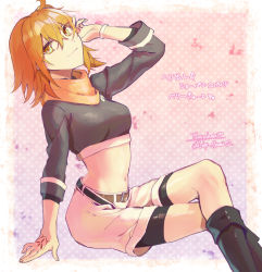 Rule 34 | 1girl, ahoge, arm support, belt, bike shorts, bike shorts under shorts, black footwear, black shirt, bodysuit, bodysuit under clothes, boots, breasts, brown belt, command spell, commentary request, cowboy shot, crop top, crossed legs, fate/grand order, fate (series), fujimaru ritsuka (female), fujimaru ritsuka (female) (true ether chaldea uniform), groin, hair between eyes, hair ornament, hair scrunchie, hand up, highres, long sleeves, looking at viewer, medium breasts, midriff, navel, official alternate costume, orange eyes, orange hair, orange scarf, orange scrunchie, pink background, polka dot, polka dot background, scarf, scrunchie, shirt, shorts, side ponytail, sidelocks, signature, sitting, smile, solo, translation request, true ether chaldea uniform, tsuyukusa (eeta7273), twitter username, white shorts, wristband