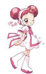 Rule 34 | 1girl, apron, asa yuki523, blush, boots, closed mouth, double bun, dress, fortissimo, full body, hair bun, hair ornament, harukaze doremi, headset, knee boots, looking at viewer, musical note, musical note hair ornament, ojamajo doremi, one eye closed, pink eyes, pink hair, pink scarf, puffy short sleeves, puffy sleeves, scarf, short hair, short sleeves, simple background, smile, solo, standing, translation request, white apron, white background, white dress, white footwear