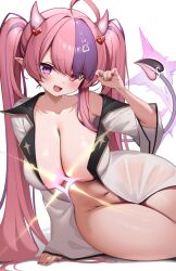 Rule 34 | 1girl, ahoge, arm support, blush, breasts, commentary, cosplay, crown (naked king) (nikke), crown (nikke), crown (nikke) (cosplay), demon girl, demon horns, demon tail, english commentary, fang, fingernails, goddess of victory: nikke, hair ornament, heart, heart hair ornament, heterochromia, highres, horns, ironmouse, kaptivate, large breasts, long hair, long sleeves, looking at viewer, multicolored hair, nail polish, naked robe, navel, open clothes, open mouth, open robe, open shirt, pink hair, pointy ears, purple eyes, purple hair, red eyes, red nails, robe, simple background, sitting, smile, solo, tail, thighs, twintails, two-tone hair, very long hair, virtual youtuber, vshojo, white background, white horns, white robe, wide sleeves