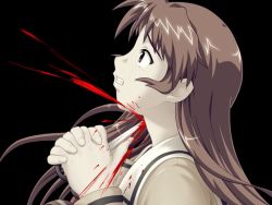 Rule 34 | blood, brown eyes, brown hair, character request, clenched teeth, female focus, guro, scissors, simple background, source request, suicide, tears, teeth