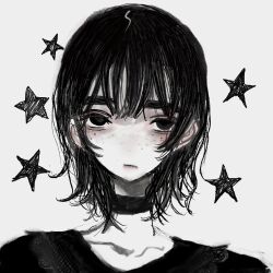 Rule 34 | 1girl, :/, bags under eyes, capelet, choker, choppy bangs, closed mouth, collarbone, freckles, frilled capelet, frills, greyscale, half-closed eyes, highres, light blush, looking at viewer, medium hair, messy hair, monochrome, narue, original, portrait, sanpaku, solo, spot color, star (symbol), starry background, straight-on, thick eyebrows