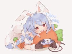 Rule 34 | :3, :d, animal ear fluff, bare shoulders, blue hair, blush, braid, carrot, carrot hair ornament, carrot-shaped pillow, coat, commentary request, controller, eyes visible through hair, food-themed hair ornament, hair between eyes, hair ornament, highres, holding, holding controller, hololive, hololive fantasy, long hair, lying, multicolored hair, on stomach, open mouth, orange eyes, orqz, pillow, playing games, rabbit girl, rabbit tail, short eyebrows, sidelocks, simple background, smile, solo, symbol in eye, tail, tail wagging, teeth, thick eyebrows, twin braids, two-tone hair, upper teeth only, usada pekora, usada pekora (1st costume), v-shaped eyebrows, virtual youtuber, white background, white coat, white hair