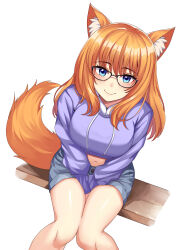 Rule 34 | 1girl, absurdres, animal ears, between legs, black-framed eyewear, blue eyes, closed mouth, crop top, drawstring, feet out of frame, fox ears, fox girl, fox tail, from above, glasses, grey shorts, hand between legs, highres, long hair, long sleeves, looking at viewer, midriff, navel, orange hair, original, plank, purple sweater, rifqiaji, short shorts, shorts, simple background, sitting, smile, solo, stomach, sweater, tail, thighs, v arms, white background