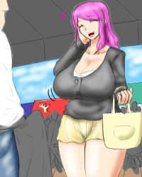 Rule 34 | 1girl, bag, breasts, cleavage, commentary, erection, erection under clothes, closed eyes, huge breasts, laughing, long hair, market, mature female, miniskirt, open mouth, original, outdoors, public indecency, purple hair, skirt, standing, thighs, wiz-coolhait