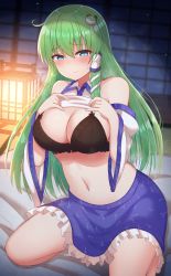 Rule 34 | 1girl, absurdres, black bra, blue skirt, bra, breasts, clothes lift, commentary request, frog hair ornament, green hair, hair ornament, highres, kochiya sanae, large breasts, lifting own clothes, long hair, looking at viewer, shirt, shirt lift, sitting, skirt, snake hair ornament, solo, tksand, touhou, underwear, white shirt